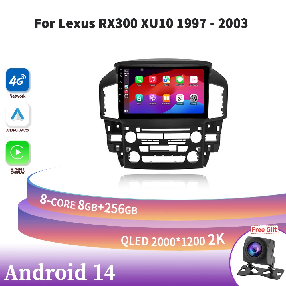 Car Radio Multimedia Navigation Android 14 For Lexus RX300 XU10 1997-2003 Left Wireless Carplay Stereo Head Unit 2DIN GPS 4G