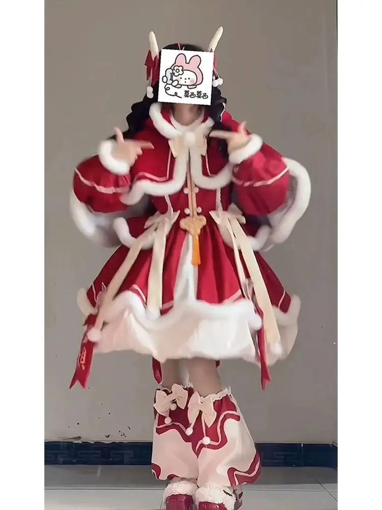 New Year's Robe Red Lolita Suit Dress Cloak Chinese New Year's Eve Costume Lovely Female Lolita Dress Cute Girl Dresses