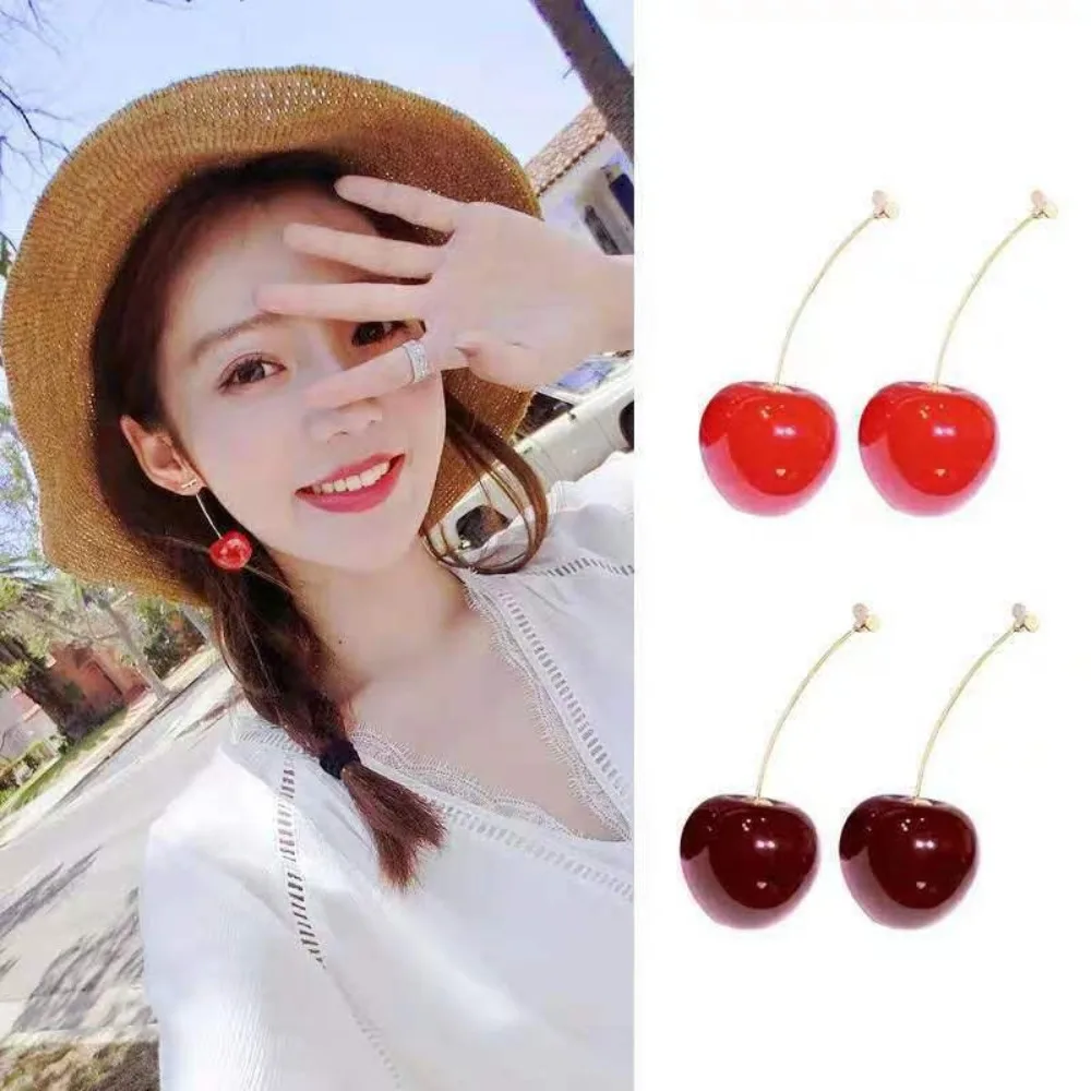 Women Dangle Earrings Cherry Pendant Fruit Stud Silver Post Long Drop Unique Sweet Delicate Jewelry Party Earrings Accessories