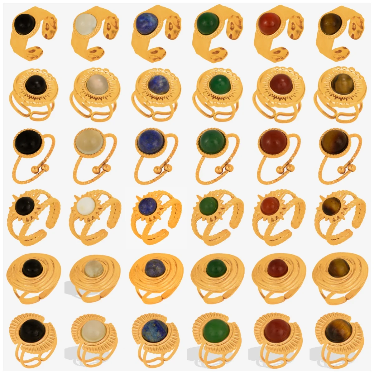 

5Pcs Vintage Oval Real Stone Rings Women Stainless Steel Gold Color Open Adjustable Wedding Ring Aesthetic Waterproof Jewelry