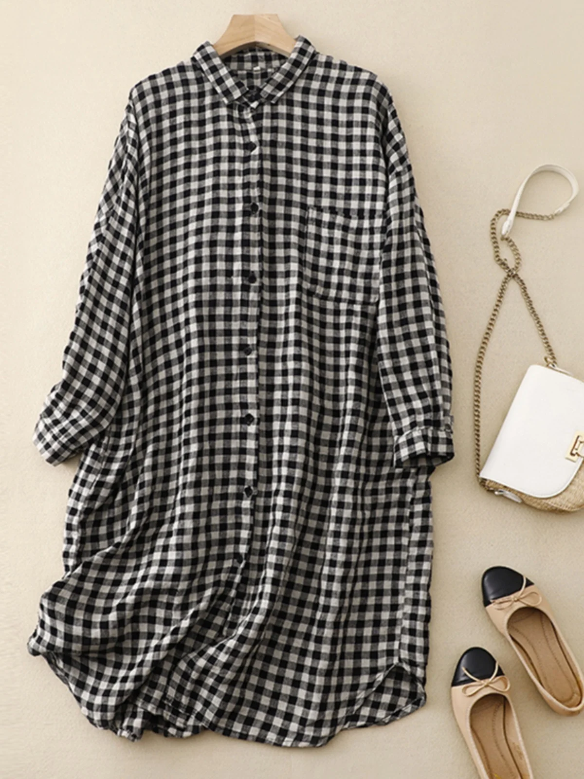 قطن كتان طويل Sve irt Dr Women أوائل الخريف Faion كاجوال فضفاض متوسط الطول على شكل حرف a مع سترة مفتوحة #3