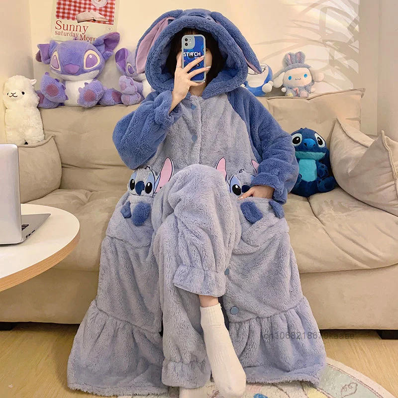 Disney Stitch Coral Velvet Sleeping Robe Korean Version Cute Fashion Thick Nightwear Women\'s Winter New Flannel Home Clothes Set