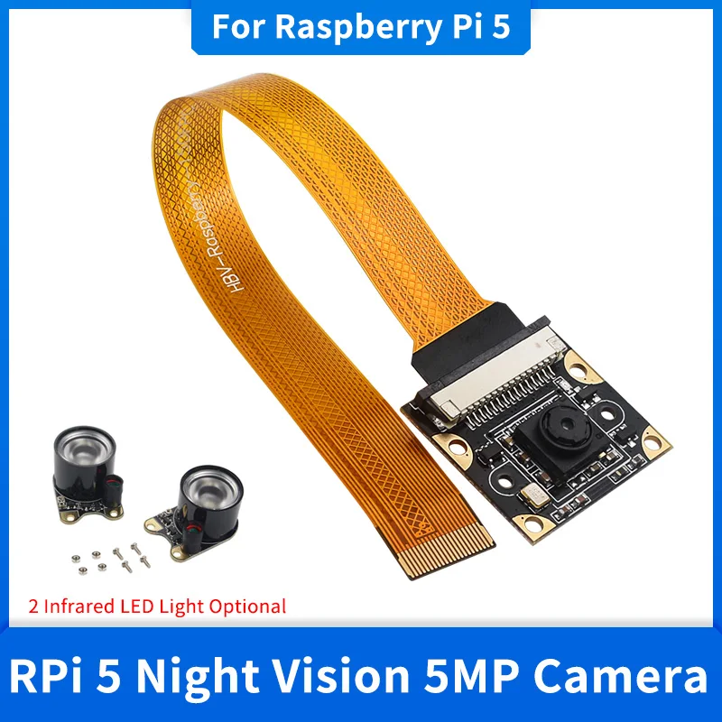 Módulo de cámara de visión nocturna Raspberry Pi 5, 5MP, 1080P, 720P, 2 luces LED infrarrojas opcionales, Compatible con Raspberry Pi 5