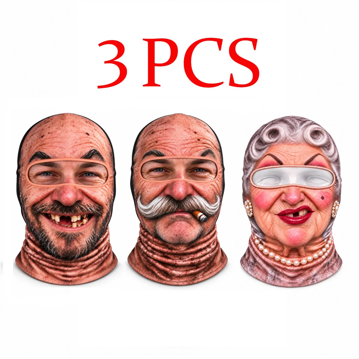 1/2/3Pcs Funny Old Man Ski Mask Realistic Face Balaclava 3D Printed Full Face Mask for Skiing Snowboarding Outdoor Sports