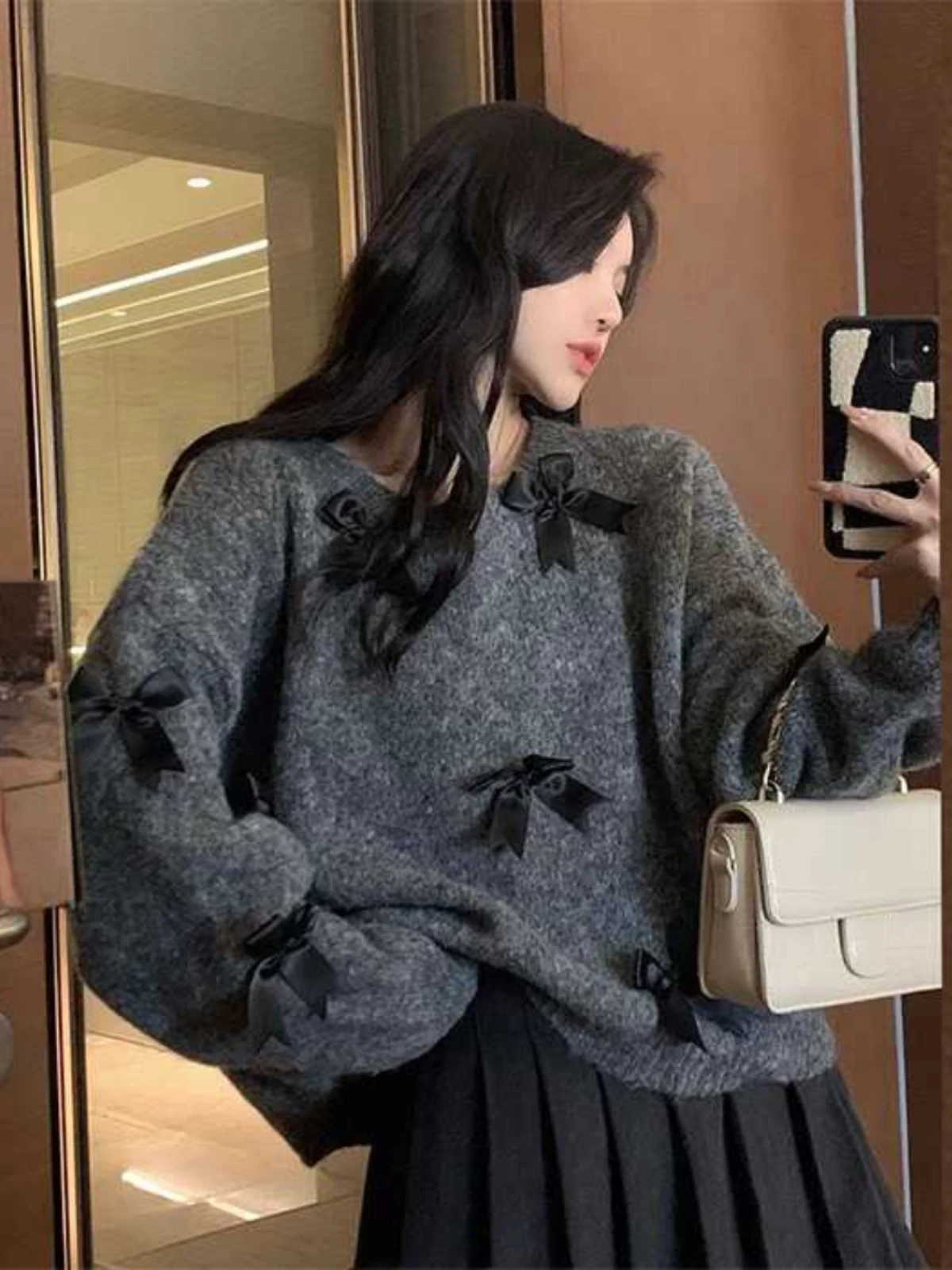 

Lazy Style Bow Decor Grey Sweater For Women Spring Autumn New Collection Loose Design Long Sleeve O-Neck Knitted Sweater