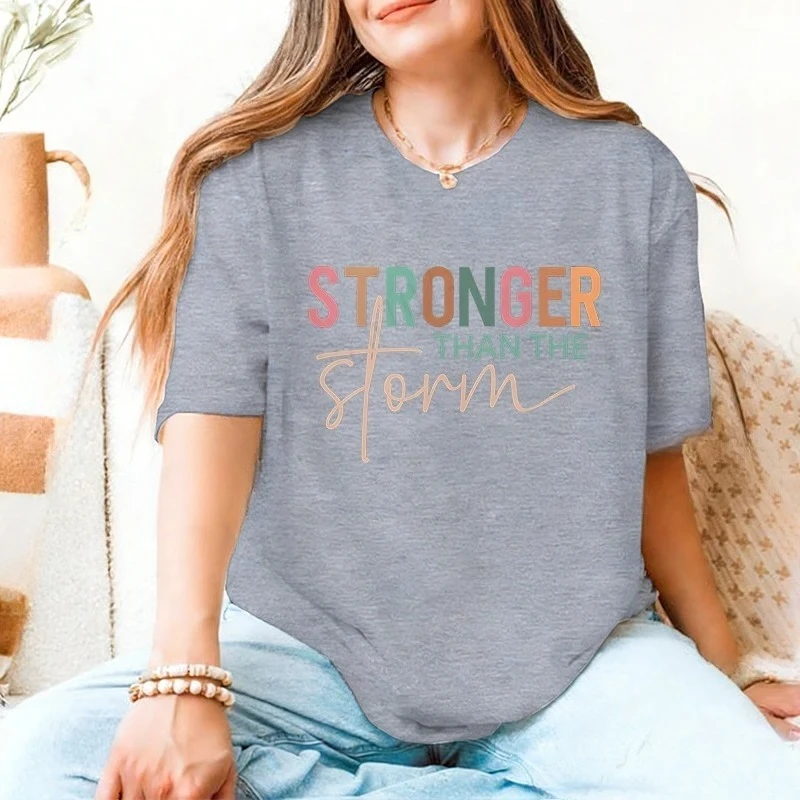 Stronger Than The Storm Motivational T-Shirt for Women Retro Color Block Typography Graphic Tee Casual Short Sleeve O Neck Tops