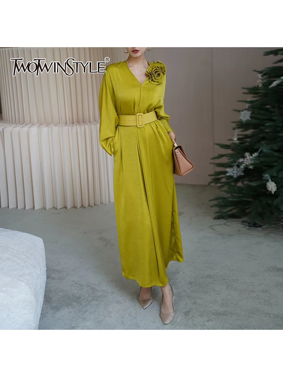 

TWOTWINSTYLE Hit Color Patchwork Belt Dresses For Women V Neck Long Sleeve High Waist Temperament Spliced Appliques Dress Female