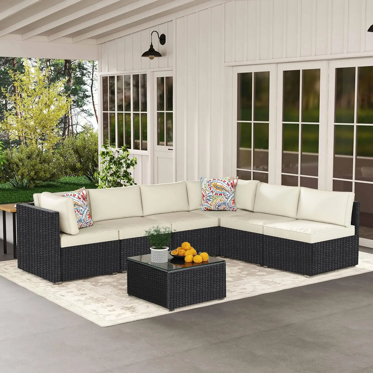 

7-Piece Outdoor Patio Furniture Set – Handwoven All-Weather Rattan & 4” Thick Waterproof Cushions