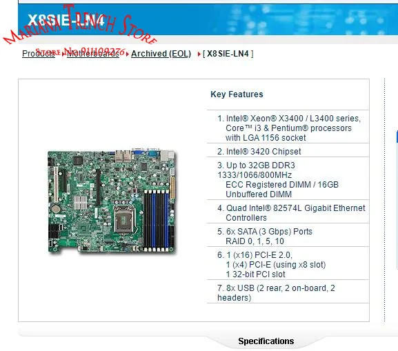 X8SIE-LN4 for Supermicro Motherboard LGA1156 Xeon X3400 / L3400 Series Core i3 DDR3 Quad Intel® 82574L Gigabit Ethernet