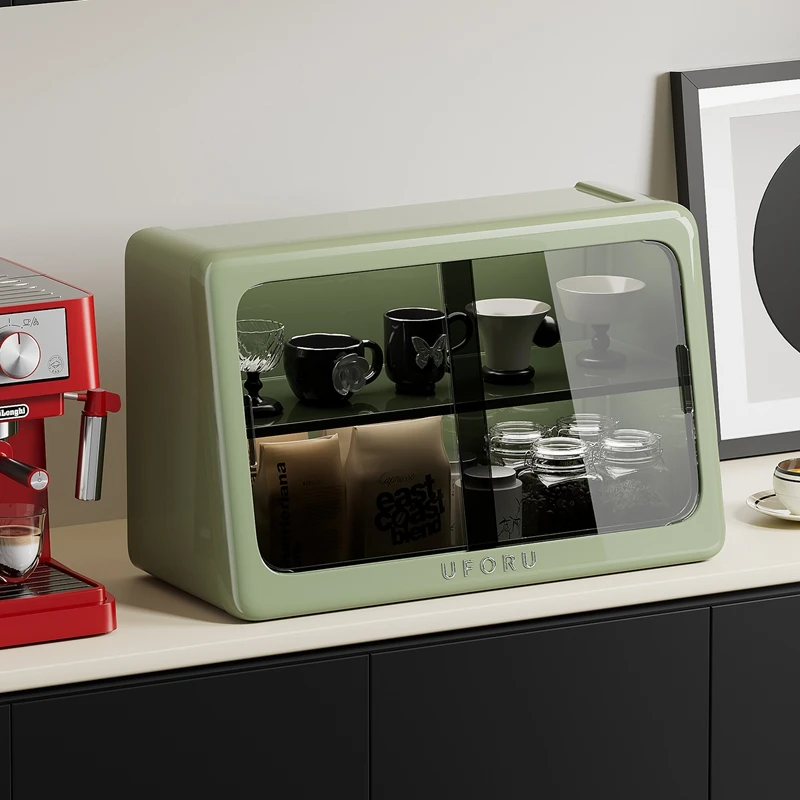 UFORU Coffee Bar Organizer Double Layer Dustproof Sliding Door Cup Storage Box Large Capacity Desktop Storage Cabinet