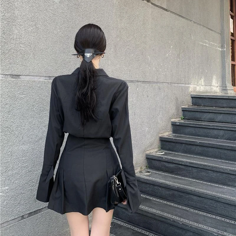 Black Shirt Dress Women Elegant SlimSingle-Breasted Turn-Down Collar Long Sleeve Dress Pocket Pleated High Street Harajuku Shirt