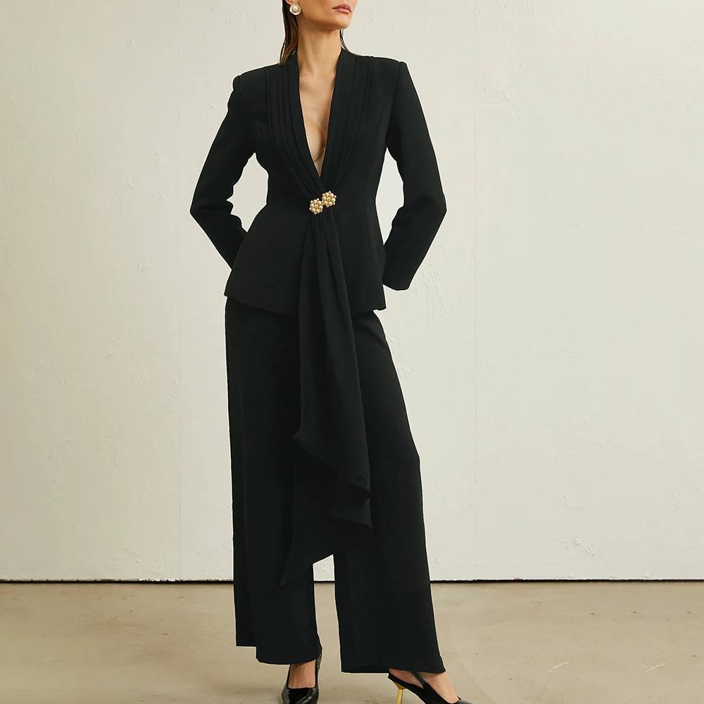 TWOTWINSTYLE Temperament Two Piece Sets For Women V Neck Long Sleeve Tunic Blazer High Waist Wide Leg Pant Chic Set Female New