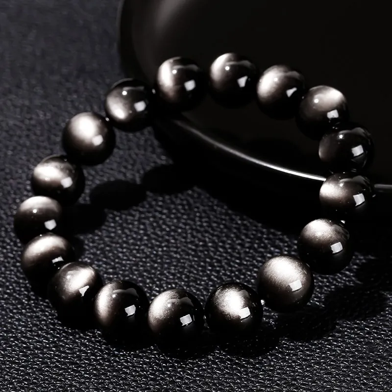 JD 8A Quality Natural Silver Color Irisation Obsidian Strand Bracelets Women Men Energy Balance Flash Bangles Stretch Jewelry