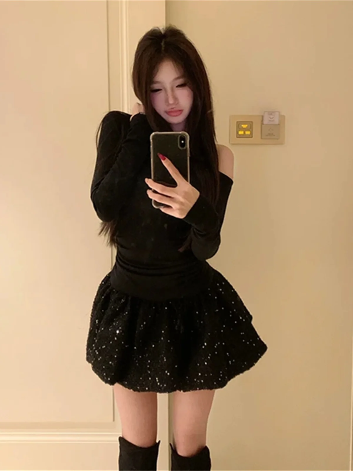 Vestidos de manga comprida feminino borgonha outono inverno lã fuzzy laço em camadas retalhos cintura apertada ajuste regular estilo academia