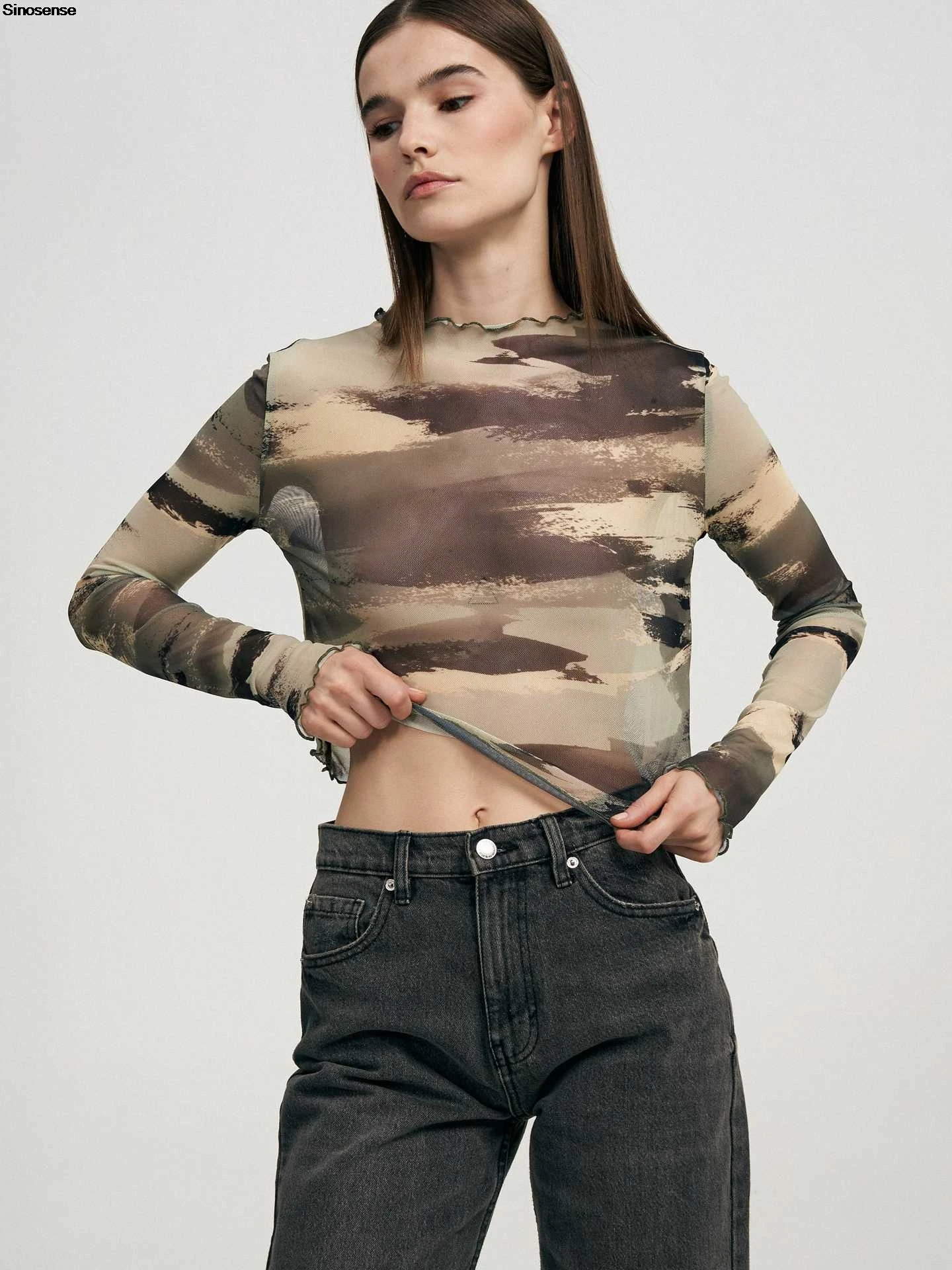 

Womens Print Mesh Long Sleeve Top Sheer See Through Sexy Tops Crew Neck Going Out Shirts Y2K Street Date Night Club Party Blouse