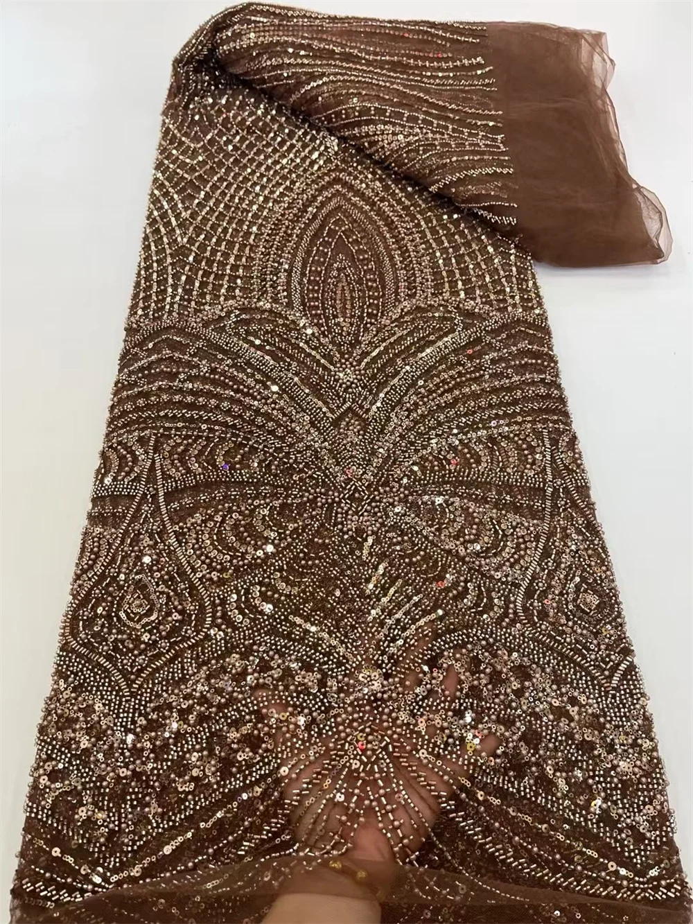 Brown Net Lace Fabric 2025 High Quality Lace 5 Yards Luxury Handmade Bead Lace Fabric With Sequin Evening Dress For Woman A923-1