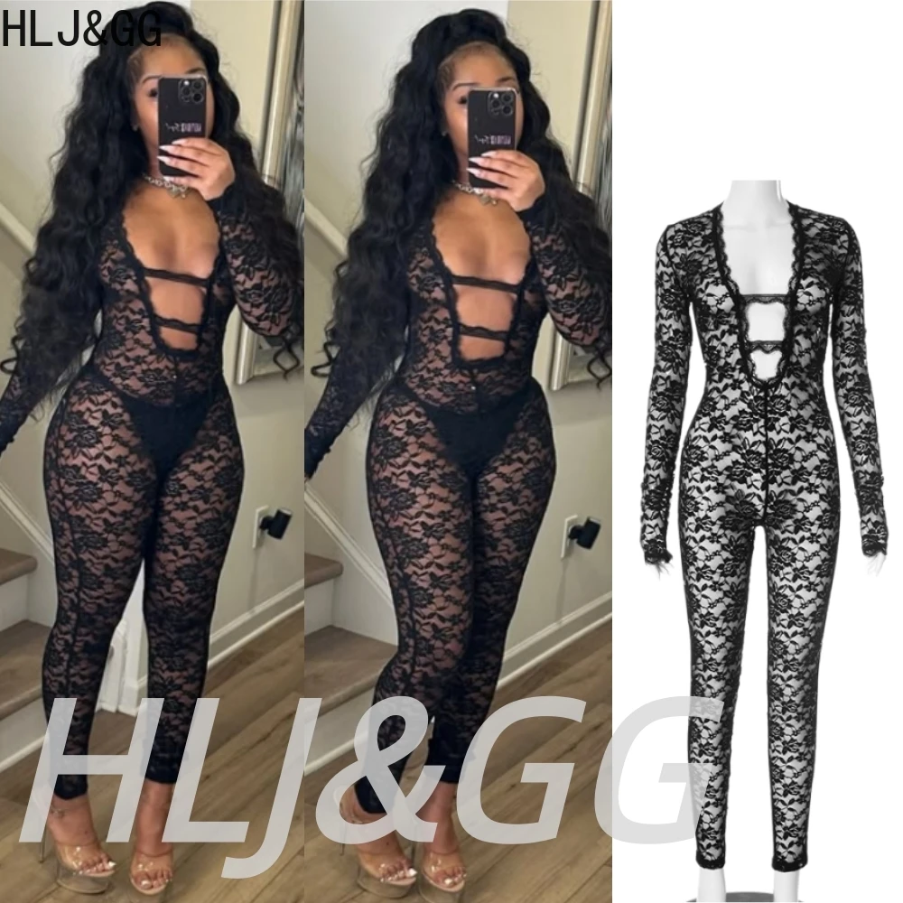 

HLJ&GG Black Sexy Lace See Though Bodycon One Piece Jumpsuits Women Deep V Hollow Slim Playsuits Fashion Clubwear Overalls 2026