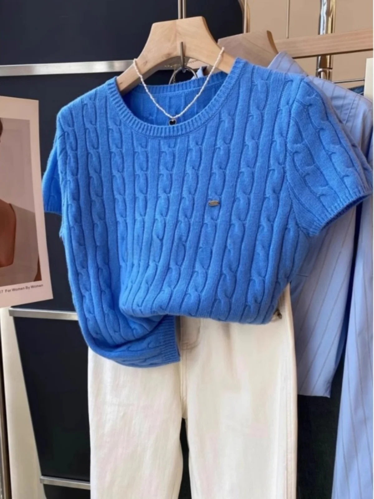 

Blue Knitted Sweater Women's Summer ort Sve Twist Heavy Industry Knitwear round Ne Top Dongda Gate High End Sensation