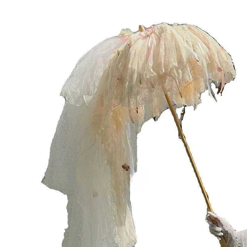 Apricot long handle lace antique umbrella cla French bride wedding umbrella lo umbrella photography photo props