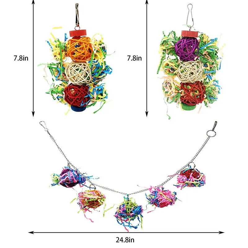 Bird Toy Combination Set Colored Paper Vine Ball Hanging Chain Biting Bird Cage Accessories Parrot Toy