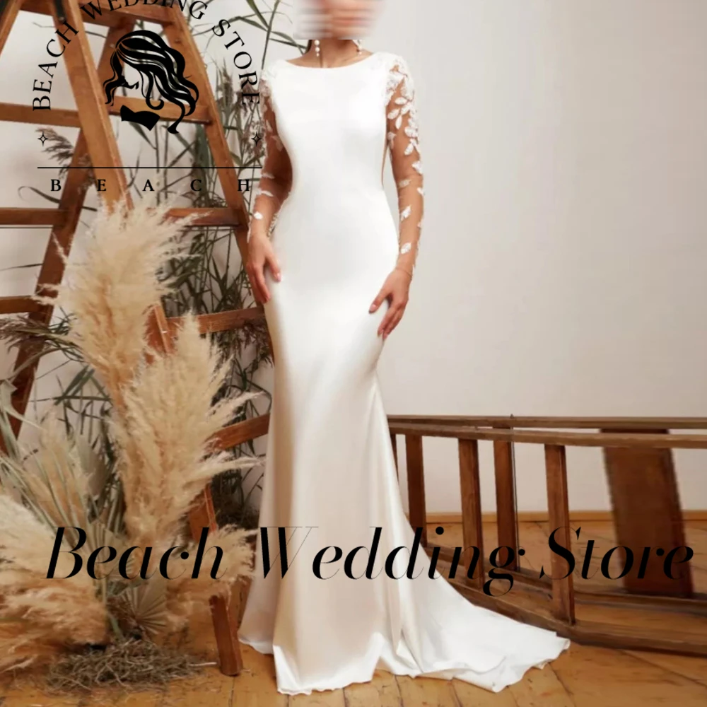 

Beach Customized Mermaid Wedding DressWith Long Sleeves Lace Appliques Backless For Bride Sweep Train Made Bridal Gown Buttons