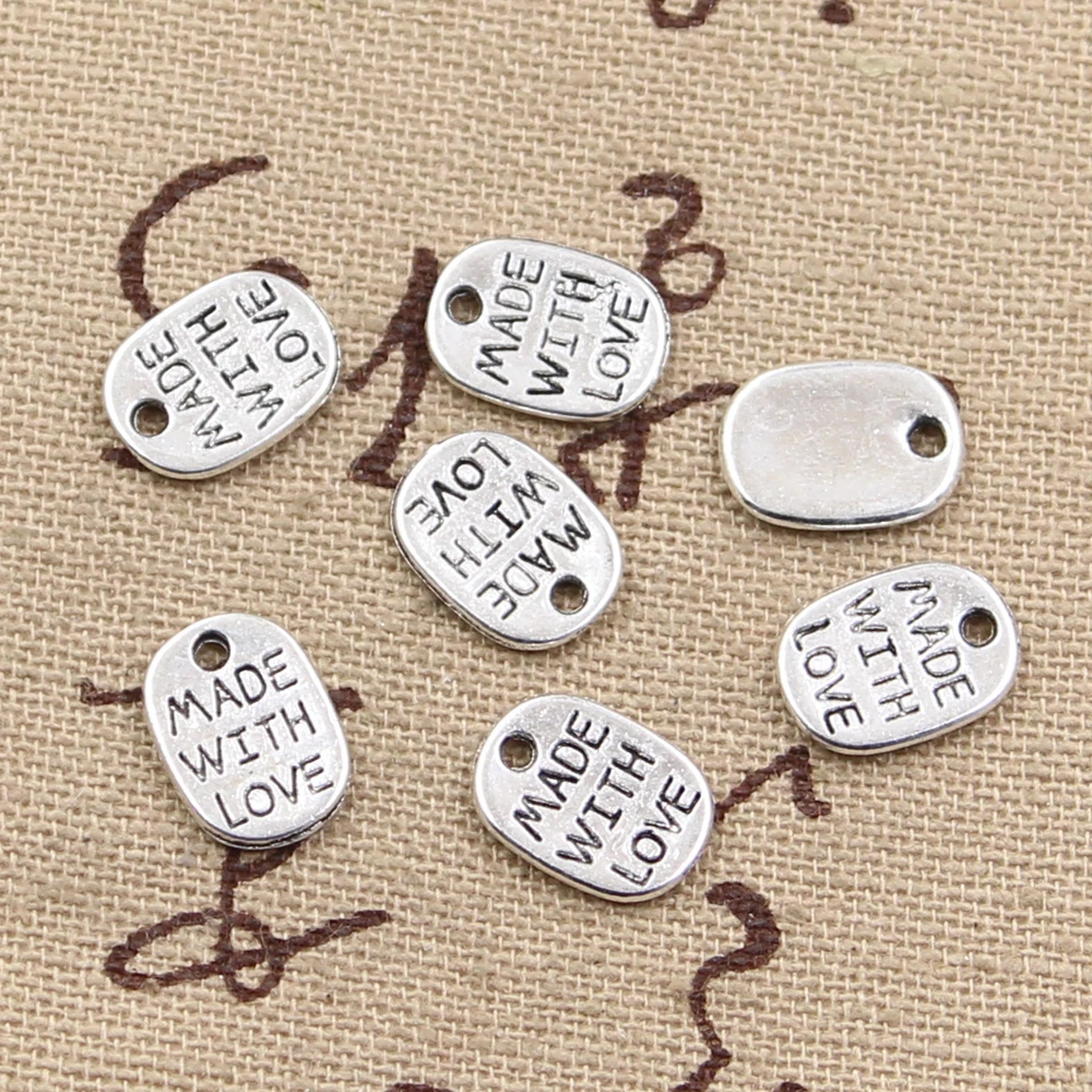 50pcs Charms Plates Made With Love 11x8mm Antique Bronze Silver Color Pendants DIY Making Findings Handmade Tibetan Jewelry