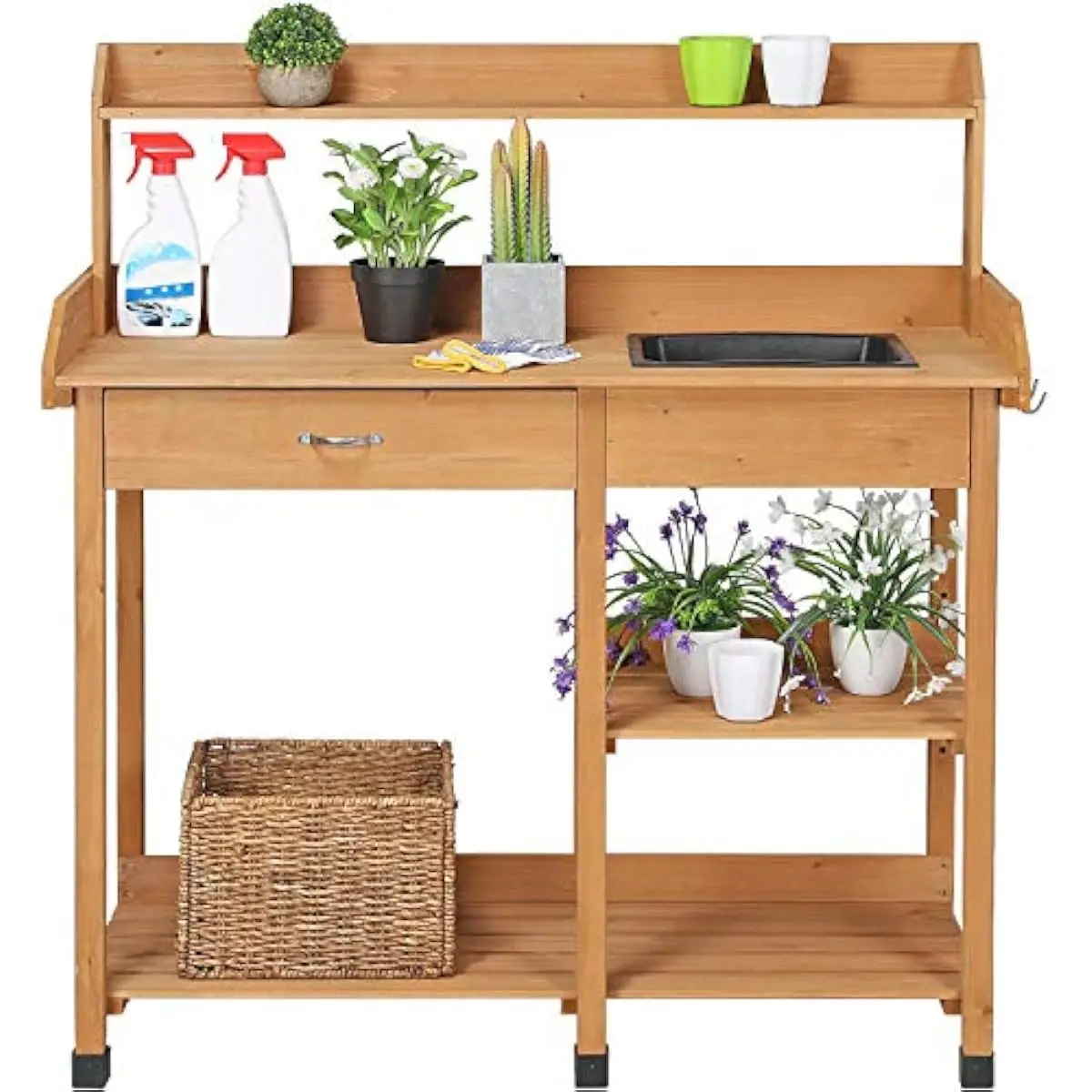 Outdoor gardening workstation with detachable basin, solid fir construction, dual-tier storage, non-slip rubber feet, weather-re