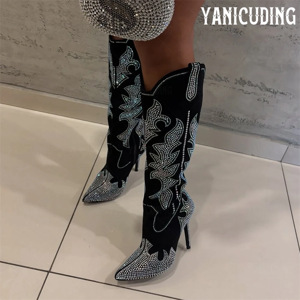 

Rhinestone Pointed Western Cowboy Boots Luxurious Shiny Handmade Knee High Boots Sexy Stiletto Designer Slip-On Boots for Women
