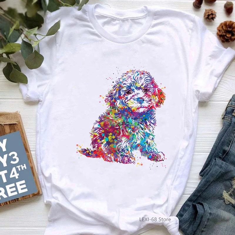 

Watercolor Dachshund/Teddy Dog Print Tshirt Women Dog Lover Gift T Shirt Femme Casual Pink White Female T-Shirt Streetwear Tops