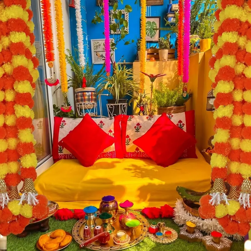 خيوط طويلة القطيفة الاصطناعية جارلاند 1.5 متر ديكور هندي نبات صناعي Pooja Diwali Fiesta Pooja أكاليل زهرة القطيفة الزفاف