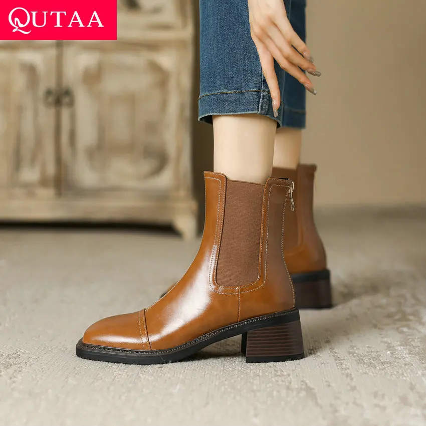 QUTAA 2024 Women Microfiber Ankle Boots Autumn Winter Round Toe Square Heel Zipper Office Lady Working Shoes Woman Size 34-42