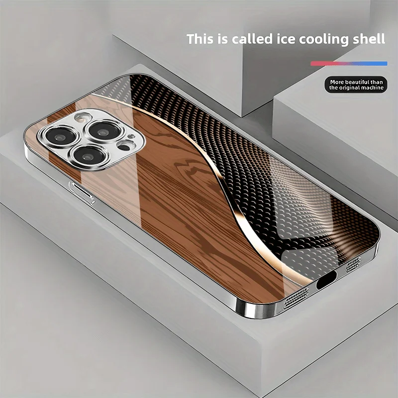 New Wood-Grain Wave-Patterned Electroplated Glass Phone Case, Suitable for iPhone 17, 16, 15, 14, 13, 12, 11, Etc.