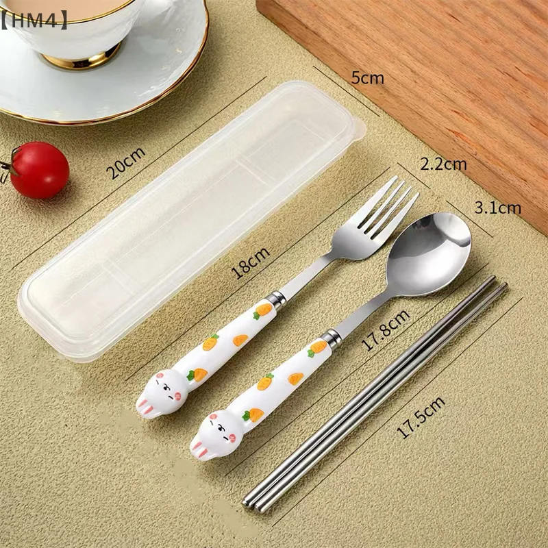ómHM4 Parque3pcs Schattig Konijn Kinderen Lepel Vorken Eetstokjes Met Doos Roestvrij Stalen Bestek Draagbare Gebruiksvoorwerpen Servies Set