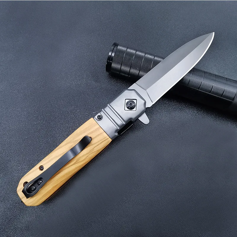 Outdoors EDC Camping Folding Knife Military Tactical Pocket Knives for Hunting and Fishing Wooden Knife Handle Men\'s Gift