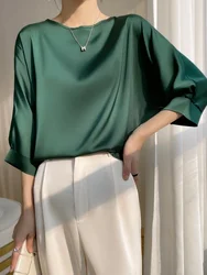 Summer Tee Tops Women O-Neck Artificial Silk Satin Thin Smooth T-shirt Batwing Silky Crewneck Blouses Basic Y2k Tshirts Za 2023