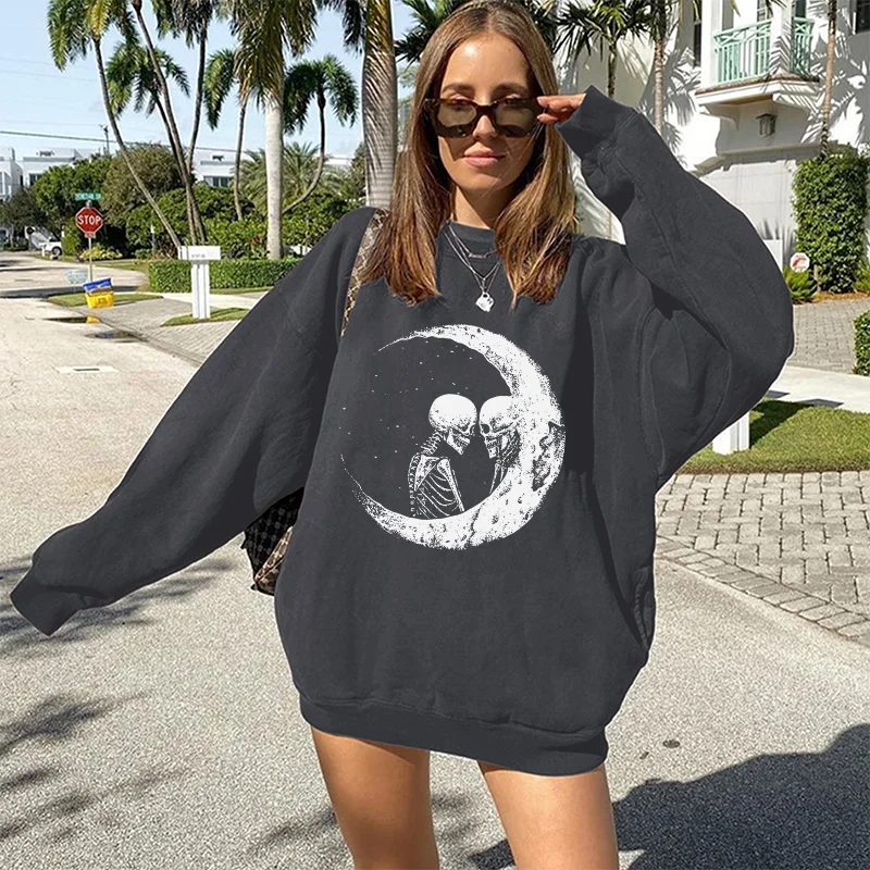 

Seeyoushy Funny Couple Skeleton Moon Print Women Sweatshirts Drop Shoulder Hoodie Sweatshirts Casual Skull Womens Winter Tops