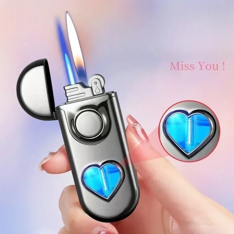 Metal Love Double Flame Butane Gas Lighter Creative LED Blue Light Transparent Gas Window Grinding Wheel Ignition Cigar Lighters