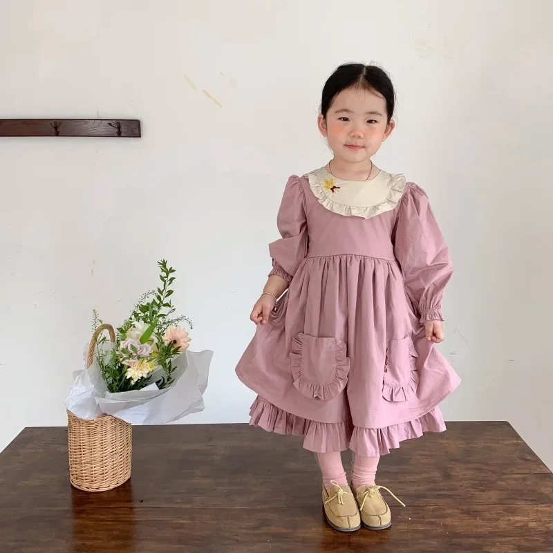 

Korean Ins Spring Autumn Baby Girls Dress Cotton Ruched Lace Broder Pocket Toddler Girls Dress Children Girls Lolita Dress