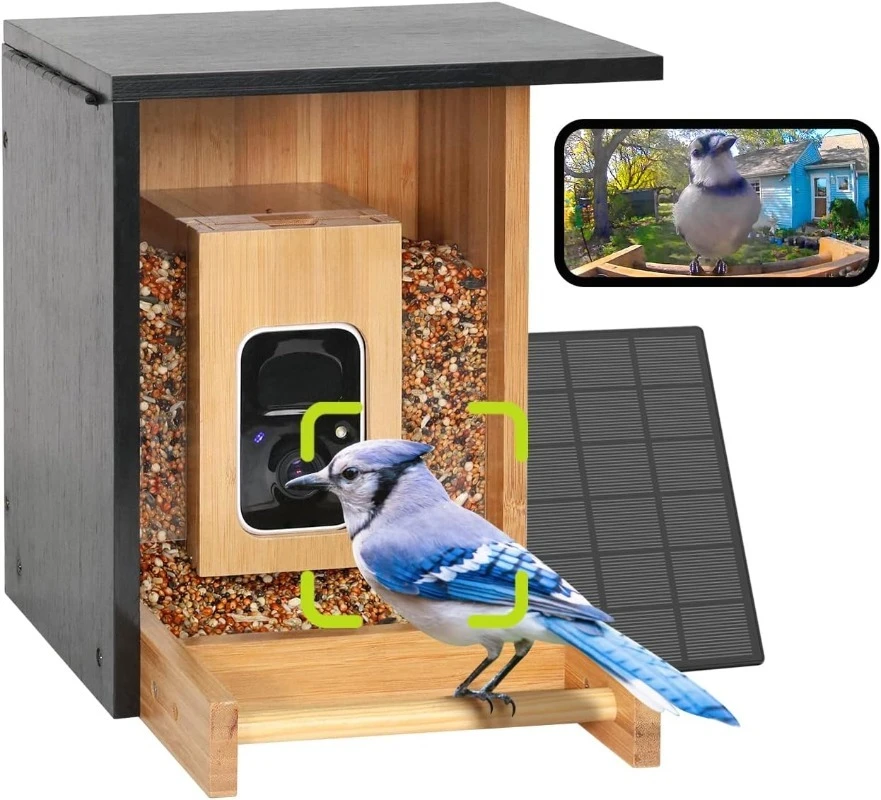 

Умная кормушка для птиц с искусственным интеллектом и камерой, высококачественный бамбук, мини-размер, питание от солнечной энергии, постоянный AI идентифицирует 6000+ птиц