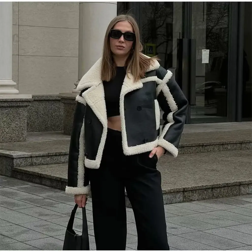 

Women's Long Sleeve Lapel Warm Coat Artificial Blended Fur Cotton-Padded Jacket European American Style Autumn Winter New