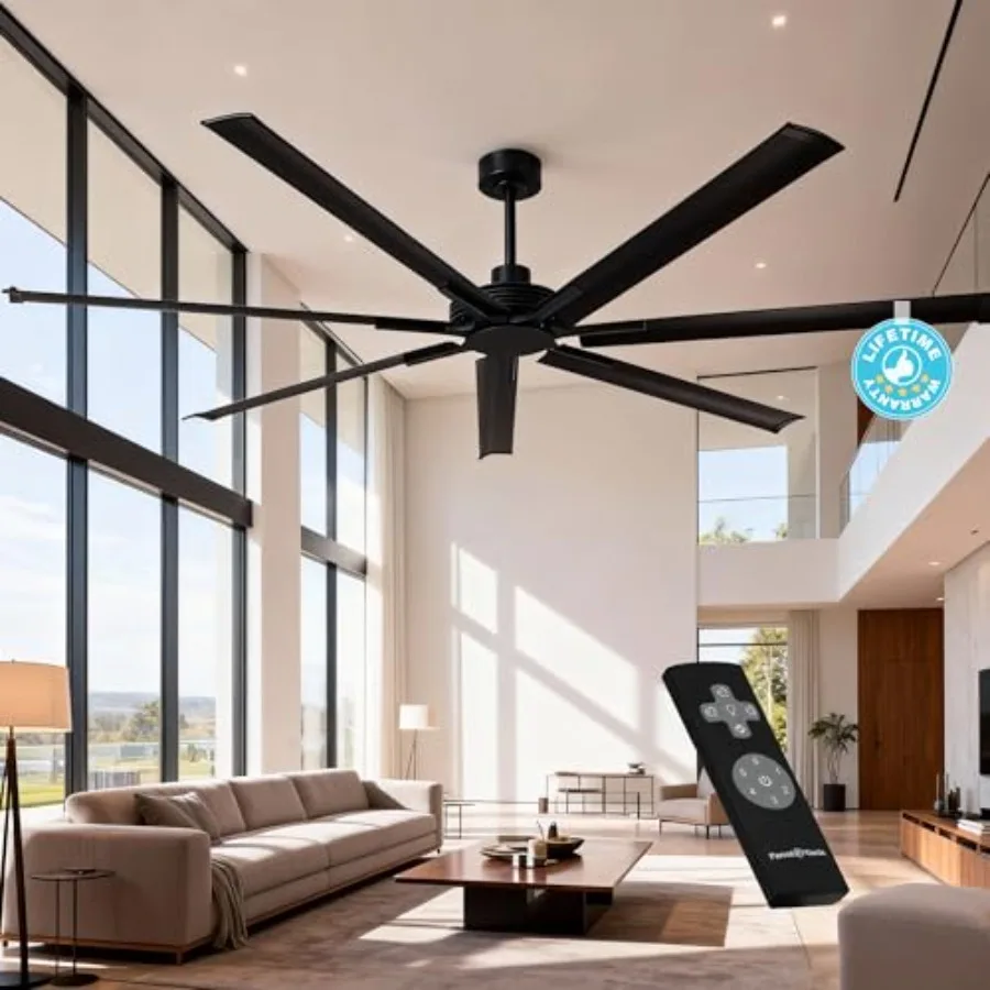 

Industrial ceiling fans with remote control: 100-inch black DC motor fans for living room, shop, garage, bedroom; 6-speed rever