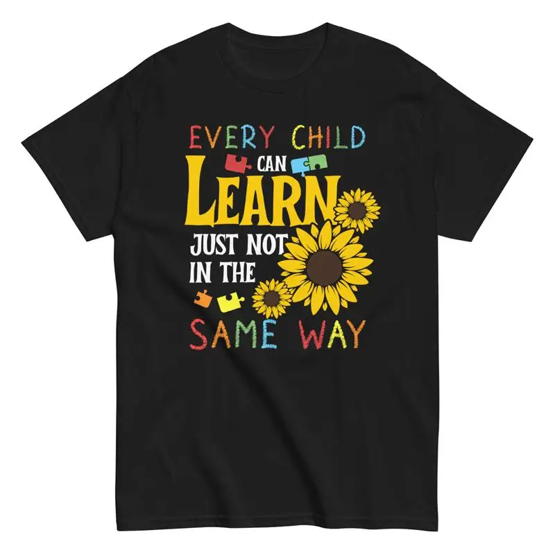 

Футболка с аутистической информацией. Каждый ребенок может научиться, а не тот же путь.