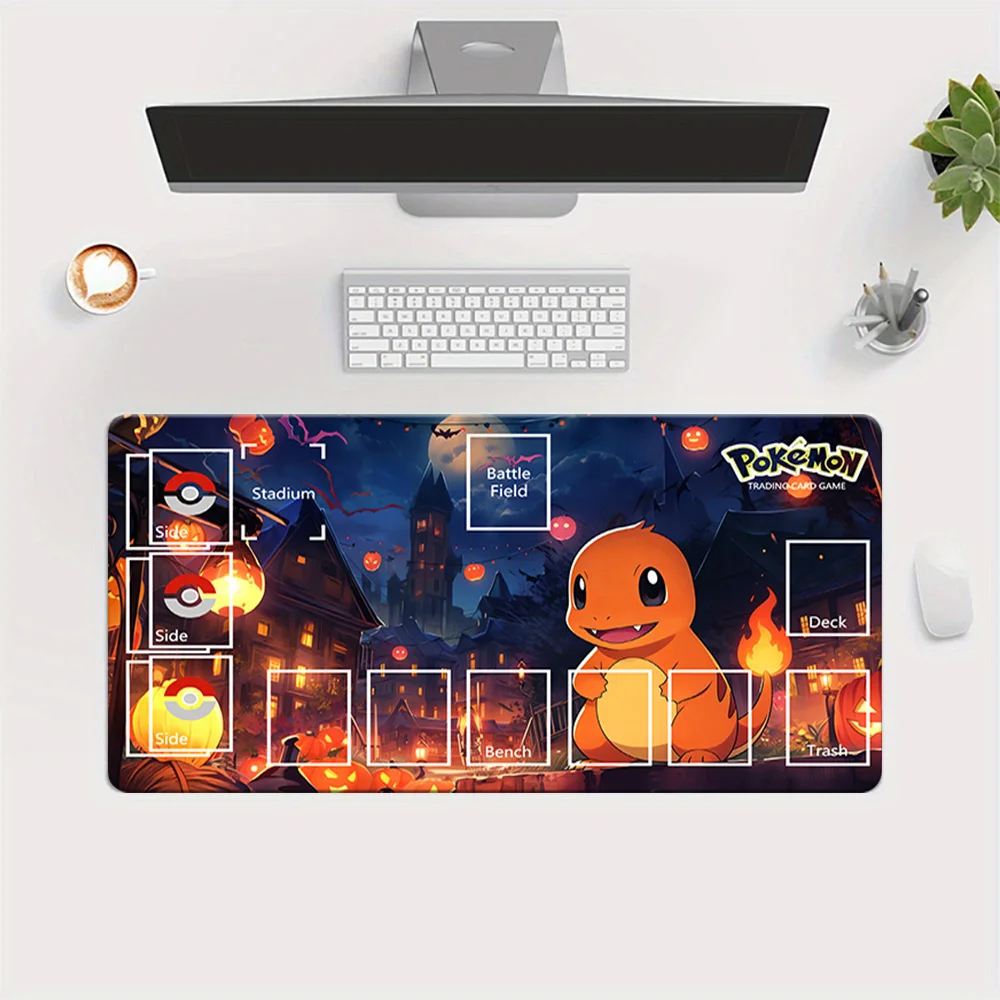 

Pokemon TCG Playmat with Charmander Halloween Pumpkin Design, Large Trading Card Game Mat with Zones, Extended Desk Mouse Pad fo