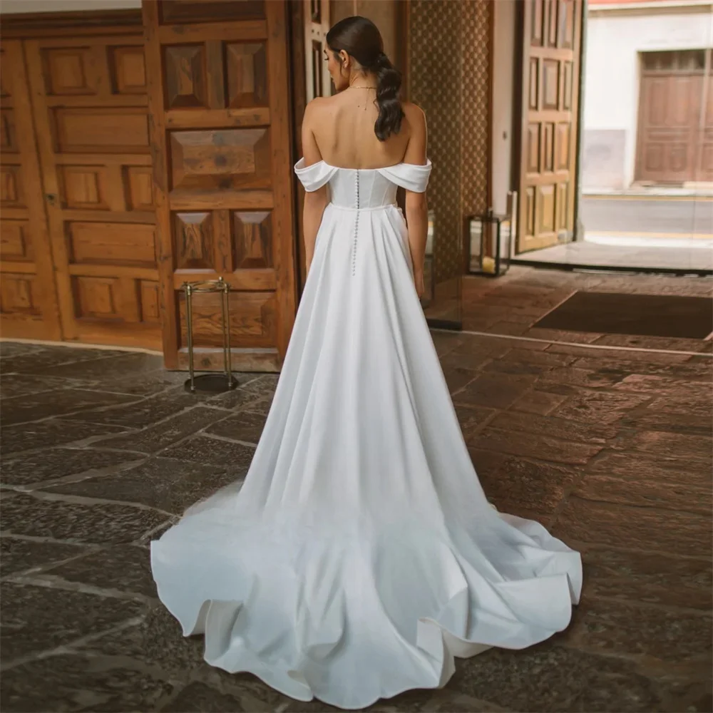 Customize To Measures Off-Shoulder Pleats V-Neck Crepe A-Line Wedding Dress Zipper Back High Side Slit Detachable Robe 2024