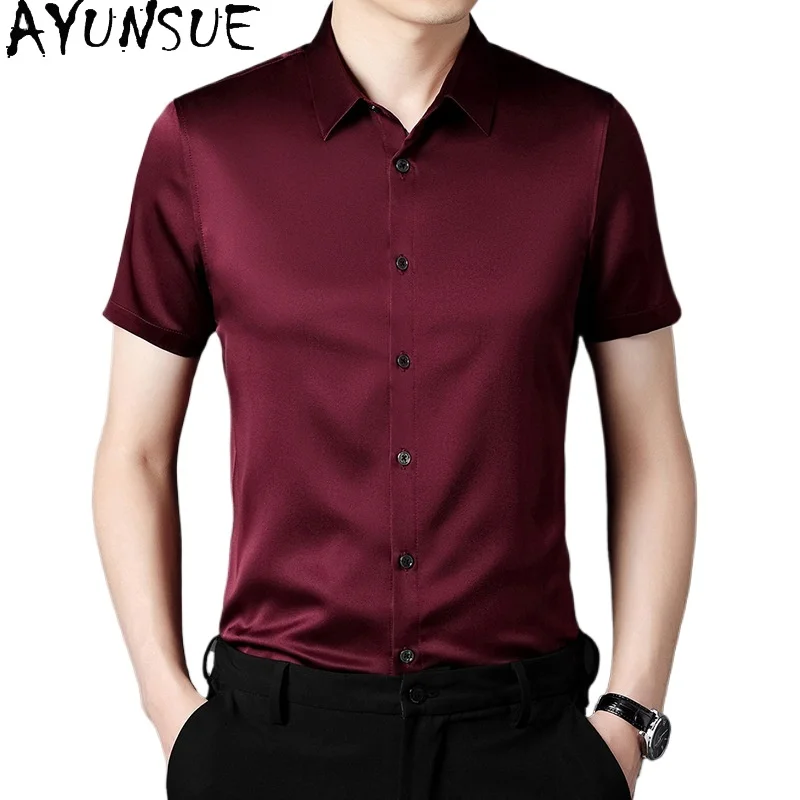 

AYUNSUE 90.8% Mulberry Silk Mens Shirt Mens Shirts Short Sleeves Plain Shirt Summer Men Clothing Chemise Ete 2024 Homme Tops