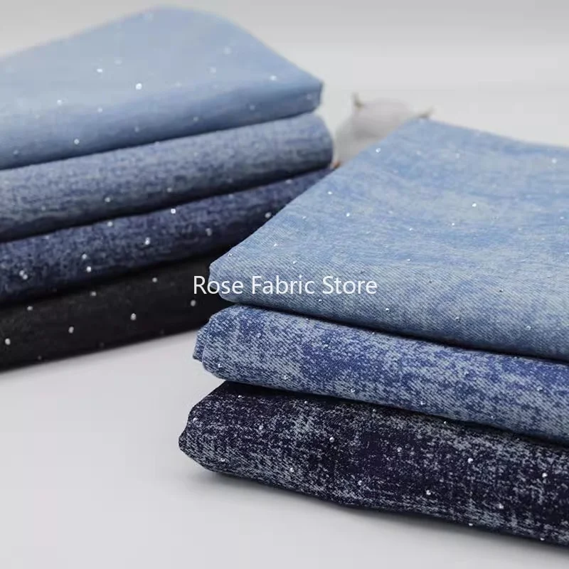 

1 Meter Sparkling Rhinestone Snowflake Washed Denim Fabric Handmade DIY Clothing Jeans Tissus Making High-end Fabric Luggage