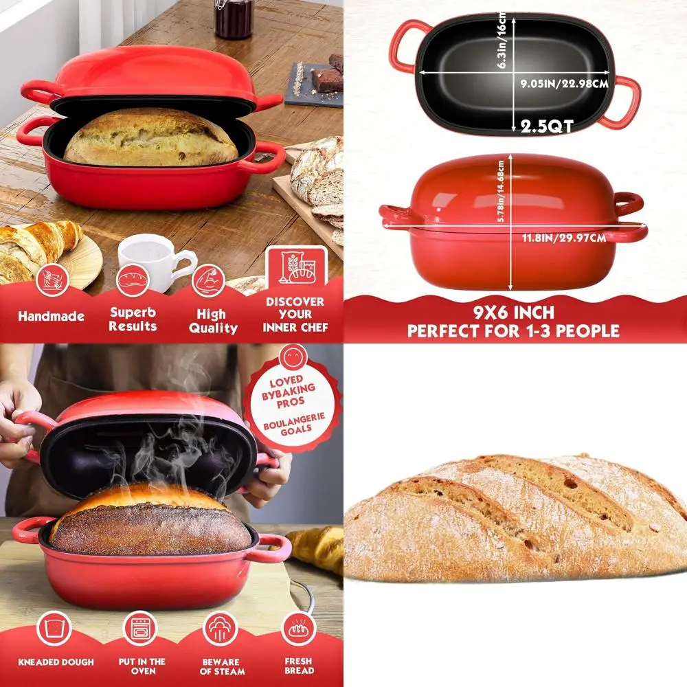 

Красная чугунная сковорода для хлеба с голландской печью 9x6 дюймов — сковорода для хлеба 2,5 QT с крышкой и ручками для домашней выпечки хлеба