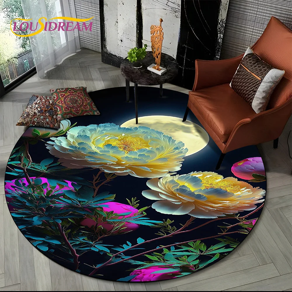 3D Dream Flower Rose Daisy Nordic Round Carpet Rug for Living Room Bedroom Child Playroom Chair Decor,Pet Area Rug Non-slip Mat