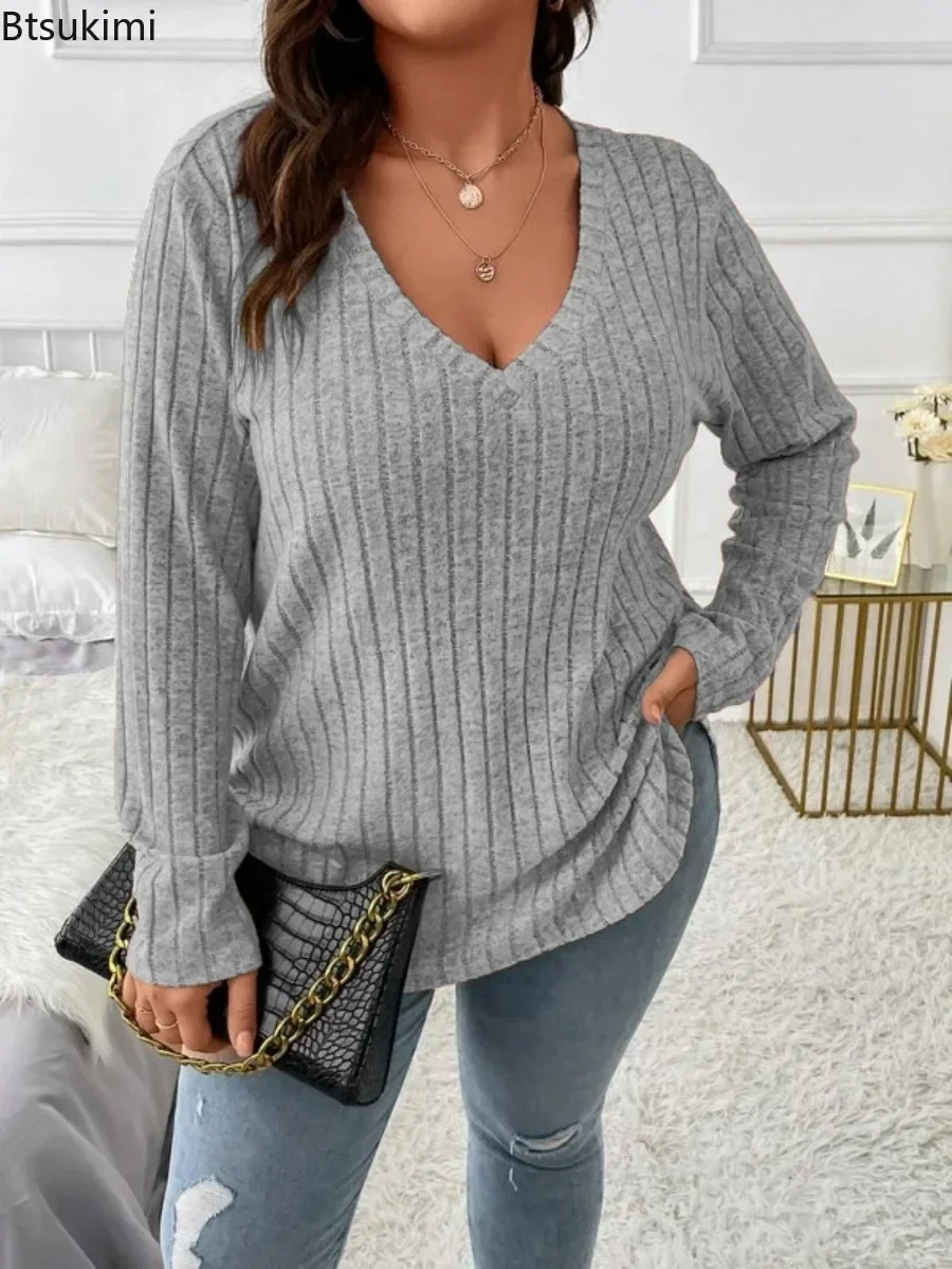 2024 Women\'s Casual Knitted Pullover Tees Plus Size Sexy V-Neck Long Sleeve Girls Solid Color T-Shirt Autumn Winter Sweater Tops