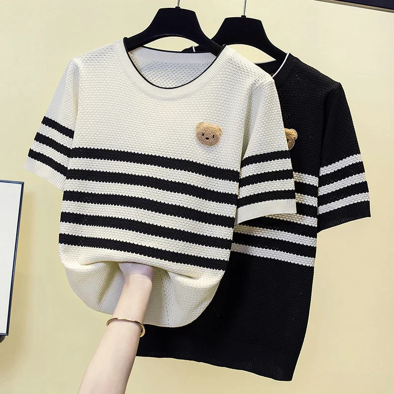 2024 Plus Size Spring/Summer New Loose Stripe Short sleeved Knitwear Large Women\'s Ice Silk Short sleeved Sweater